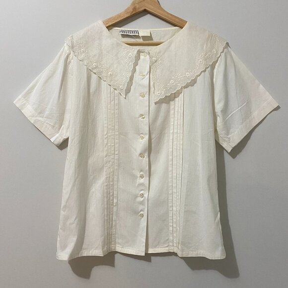 Vintage Tops - Vintage White Button Up Blouse Large Lace Collar Pleats Cottagecore Victorian